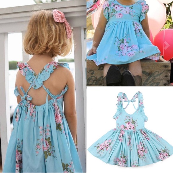 NWT Girls Baby Blue Floral Summer Dress Set - Picture 1 of 8